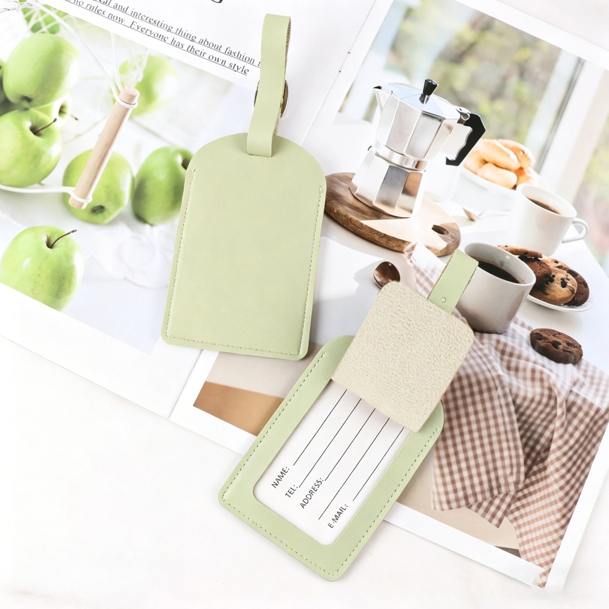 Fresh Light Green Leather Luggage Tag, Adjustable Anti-Lost Baggage Identifier Card, Essential Travel & Business Trip Accessory