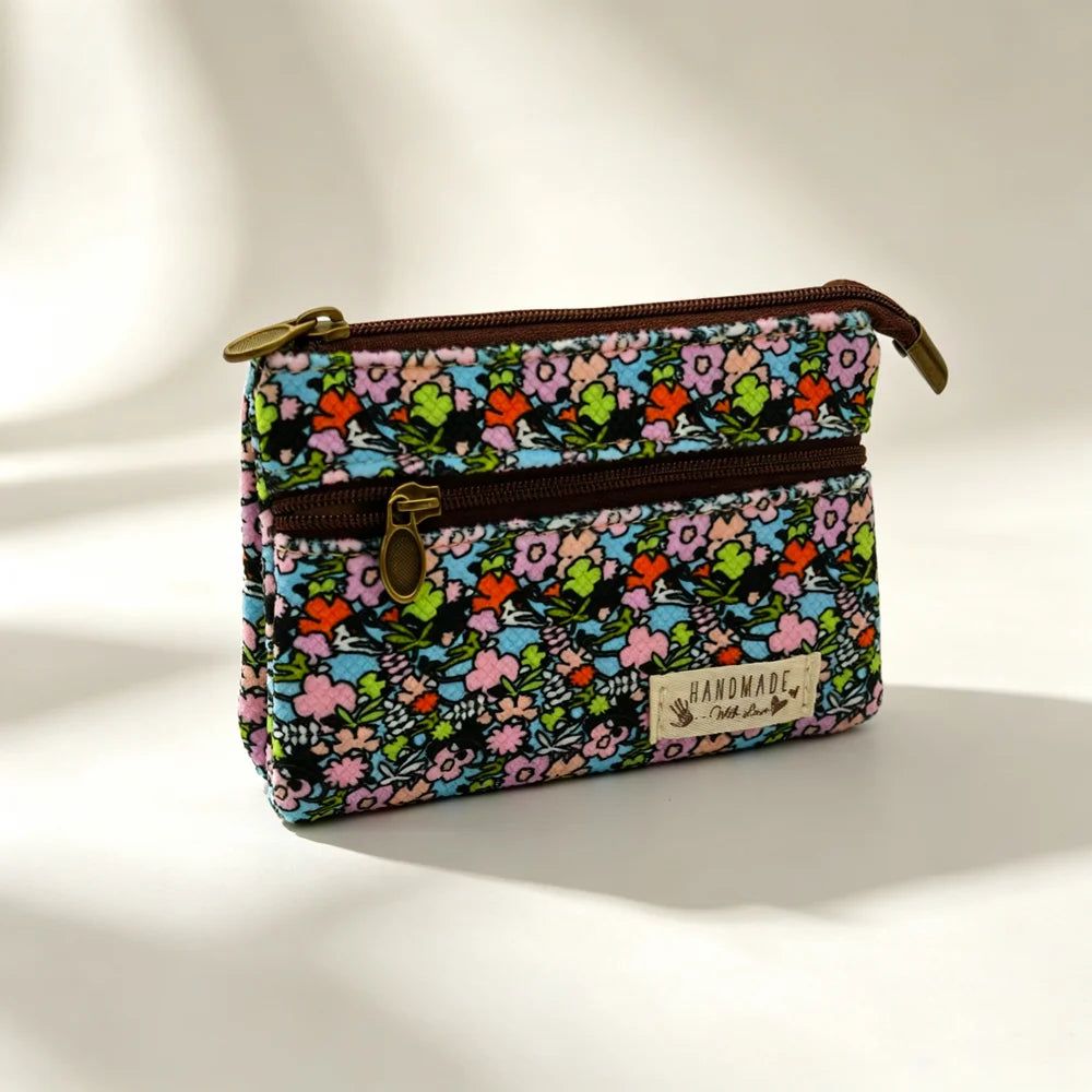 Women's short purse with cotton fabric printed design, light and fresh style, card holder, coin holder, student's small wallet