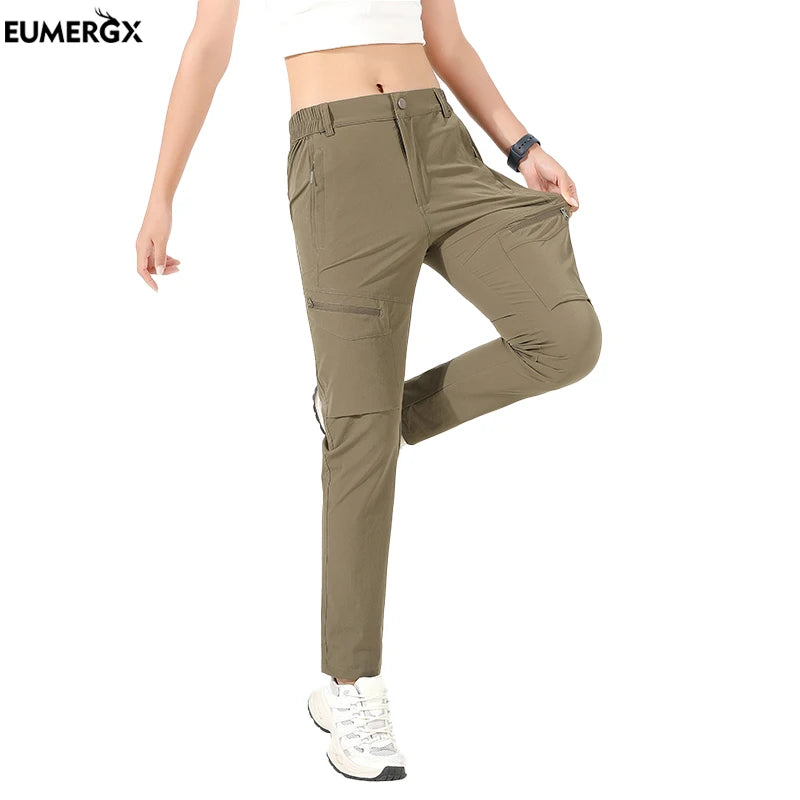 EUMERGX Women's Summer Hiking Pants Quick-Dry Waterproof Cargo Pants Outdoor Stretch Mountain Trousers For Camping Climbing