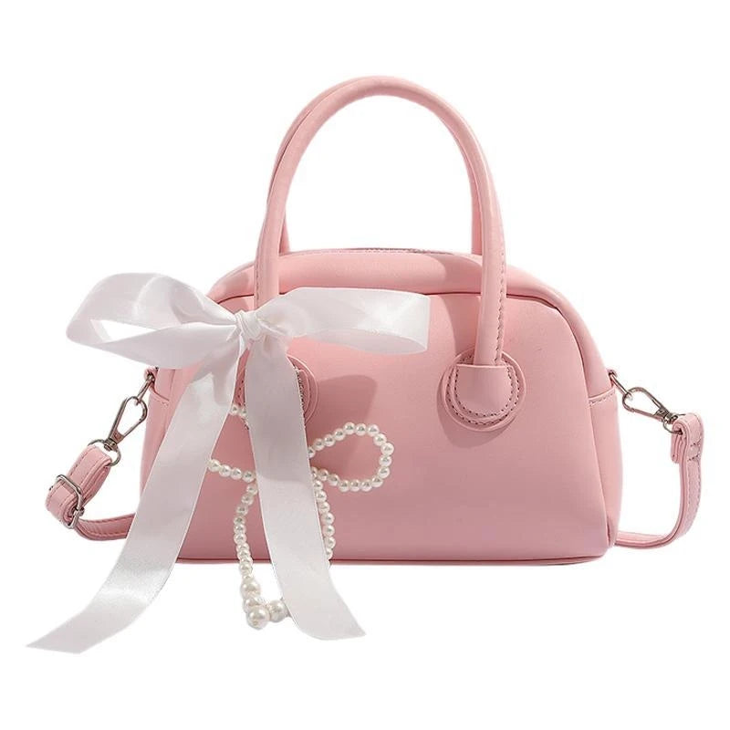 Sweet Mini Boston Bag Women Fashion Pearl Pendant Bow Shoulder Bag Casual Handbag