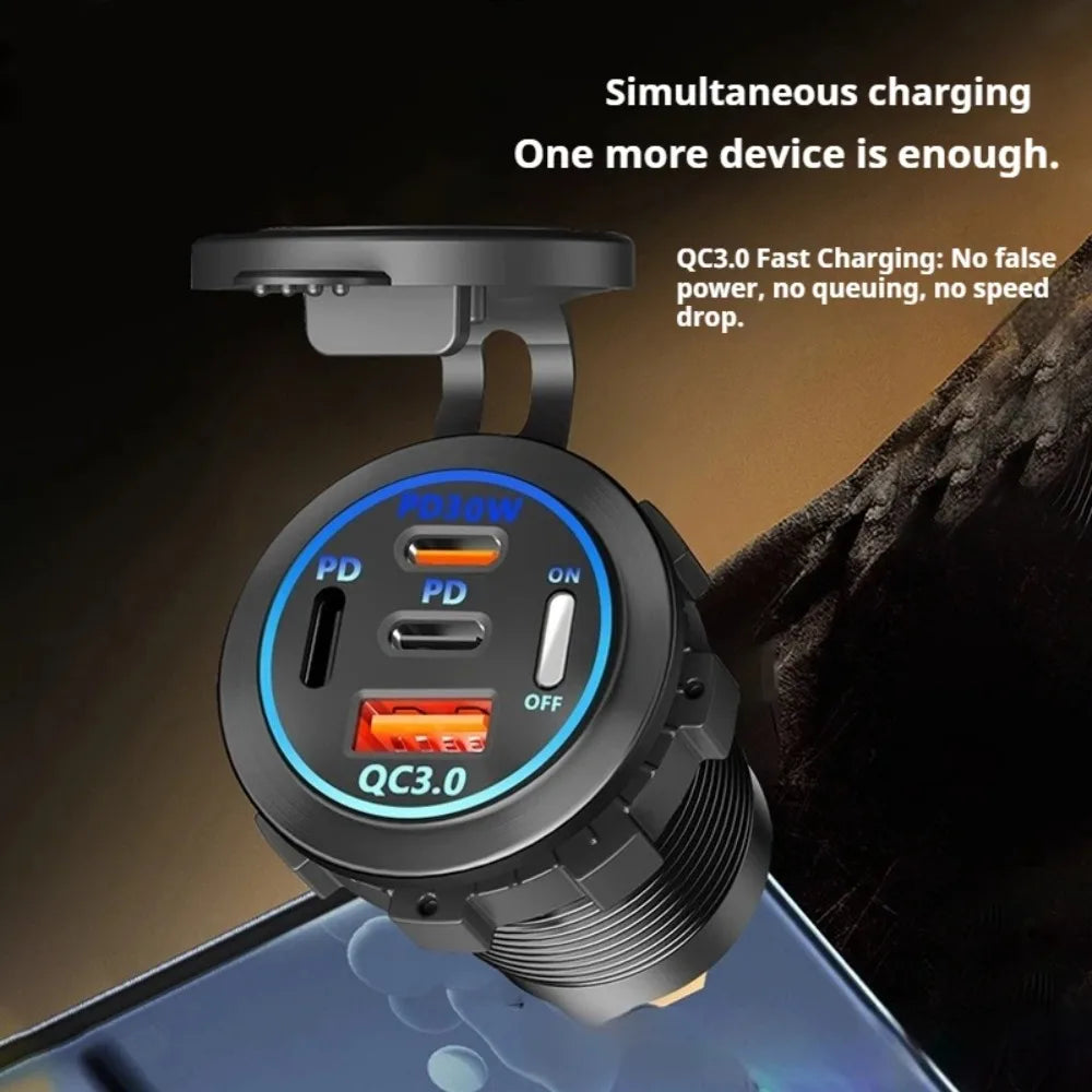 4-Port Motorcycle Modified Cigarette Lighter Socket, QC3.0 & PD30W Super Fast Charger with Switch, 12-24V Universal for Car