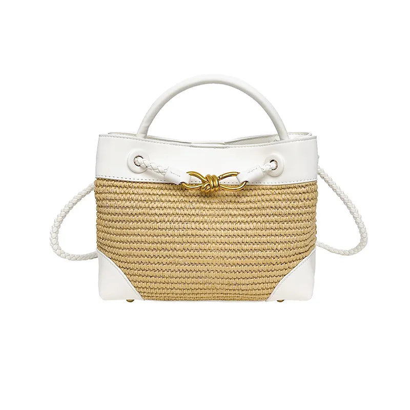 Women Contrasting Color Woven Handbag PU Splicing Gold Belt Bucket Cross body Bag French Elegant Vacation Style Travel Bags
