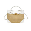 Women Contrasting Color Woven Handbag PU Splicing Gold Belt Bucket Cross body Bag French Elegant Vacation Style Travel Bags