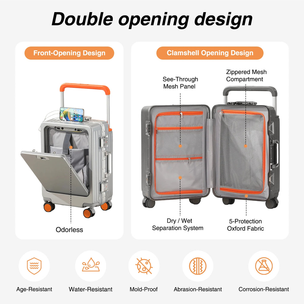 AIWEINY Aluminum Frame Luggage - Military Grade Pressure Resistance, Baby-Safe Lining, 30% Larger Capacity with Dual-Door Design