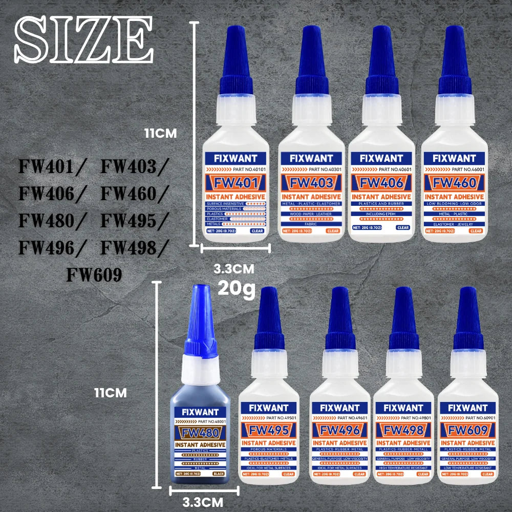 Instant Adhesive FW401/ 403/ 406/ 454/ 460/ 480/ 495/ 496/ 498/ 609 Super Glue Extra Strong Multi-purpose Cyanoacrylate