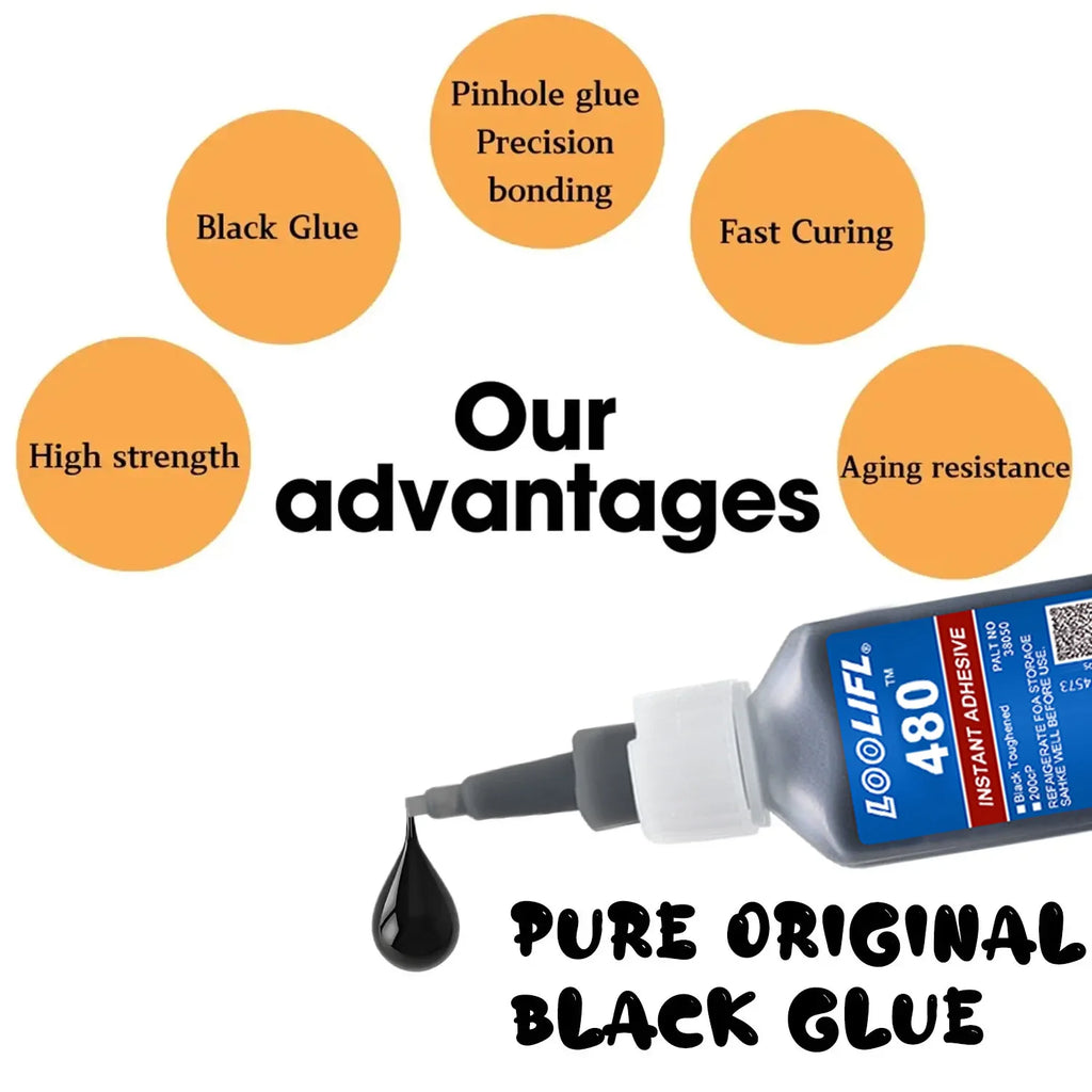 0.7Oz-20G 480 Black Ultra-Fast-Drying Black Cyanoacrylate Plastic Wood Metal Tire Rubber Shoe Tire Liquid Strong Adhesive Repair Glue Includes 1-25 Pieces of Glue Tubes
