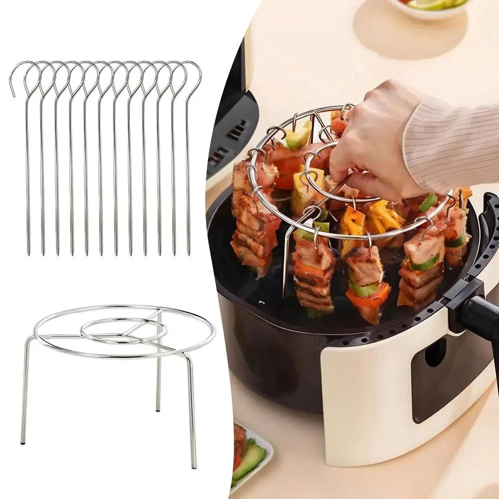 Stainless Steel Air Fryer Grill Round with Grilled Skewers Hanging Skewers Rack Barbecue Grill for Home Kitchen Outdoor