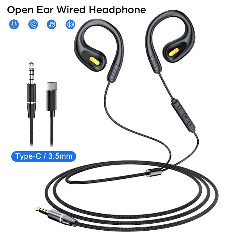 Wired Open Ear Sports Gaming Headset 3.5mm Type-C Not-in Ear Headphones Hifi Sound Music Earphone with ENC MIC for Clear Calls