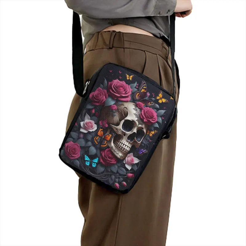 Skull Rose Butterfly Print Crossbody Bag Women Shoulder Bags for Travel Handbags Phone Holder Student Messenger Bags Gift