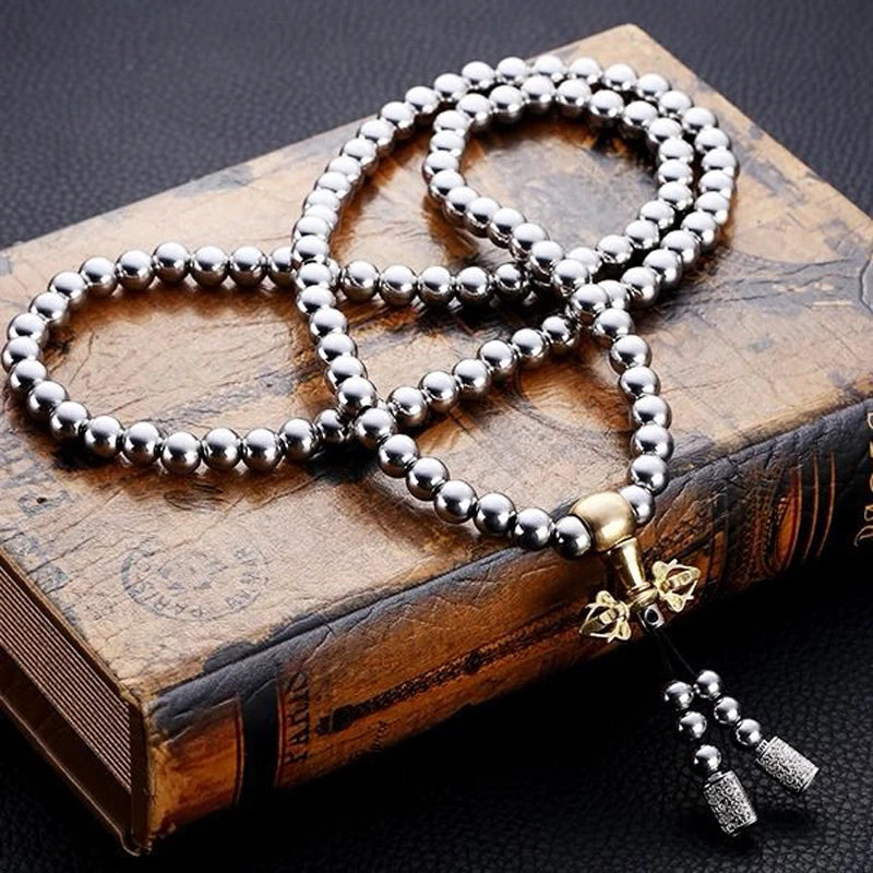 Stainless Steel Jewelry Male Bracelet Braided Link Buddha Beads Necklace Waist Chain Tactical Self Defense Whip Multi-fonction