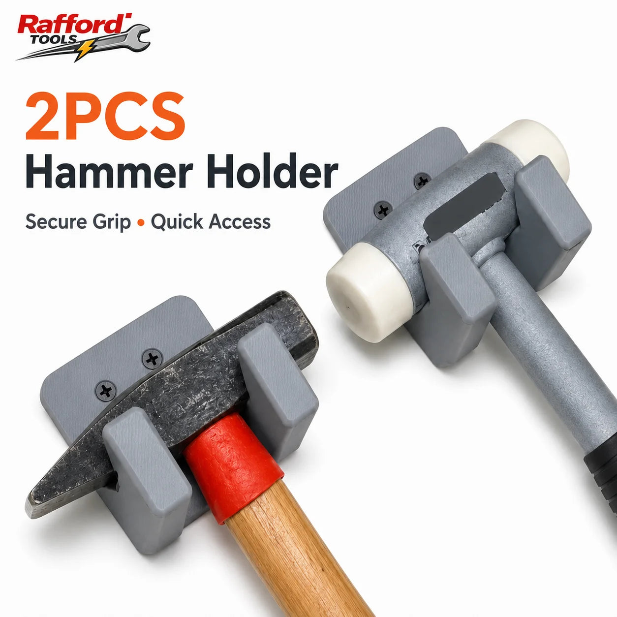 Rafford 1/2PCS Wall Mounted Hammer Holder, Heavy Duty Tool Storage Hook, Secure Grip Hammer Rack for Garage Workshop
