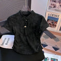 Plus-size women's summer new Chinese style versatile mandarin button tie-dye irregular fitted collar short-sleeve T-shirt