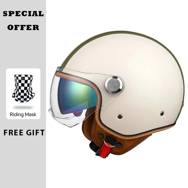 Open Face Helmet Vintage Leather Motorcycle Helmets Double Visor DOT Approved Retro 3/4 Jet Half Helmet with Inner Lens
