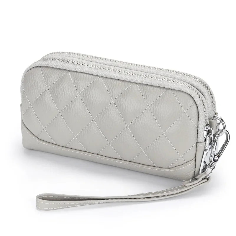 Double Zipper Clutch Bag for Women Genuine Leather Coin Pocket Money Purse Women's Clutches Female Clutch Purse with Wrist Strap