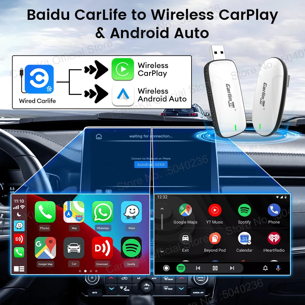 CarlinKit Baidu CarLife to CarPlay Wireless Adapter Android Auto 2 in 1 Mini Box USB Plug and Play 5.8Ghz WiFi Seamless Connect