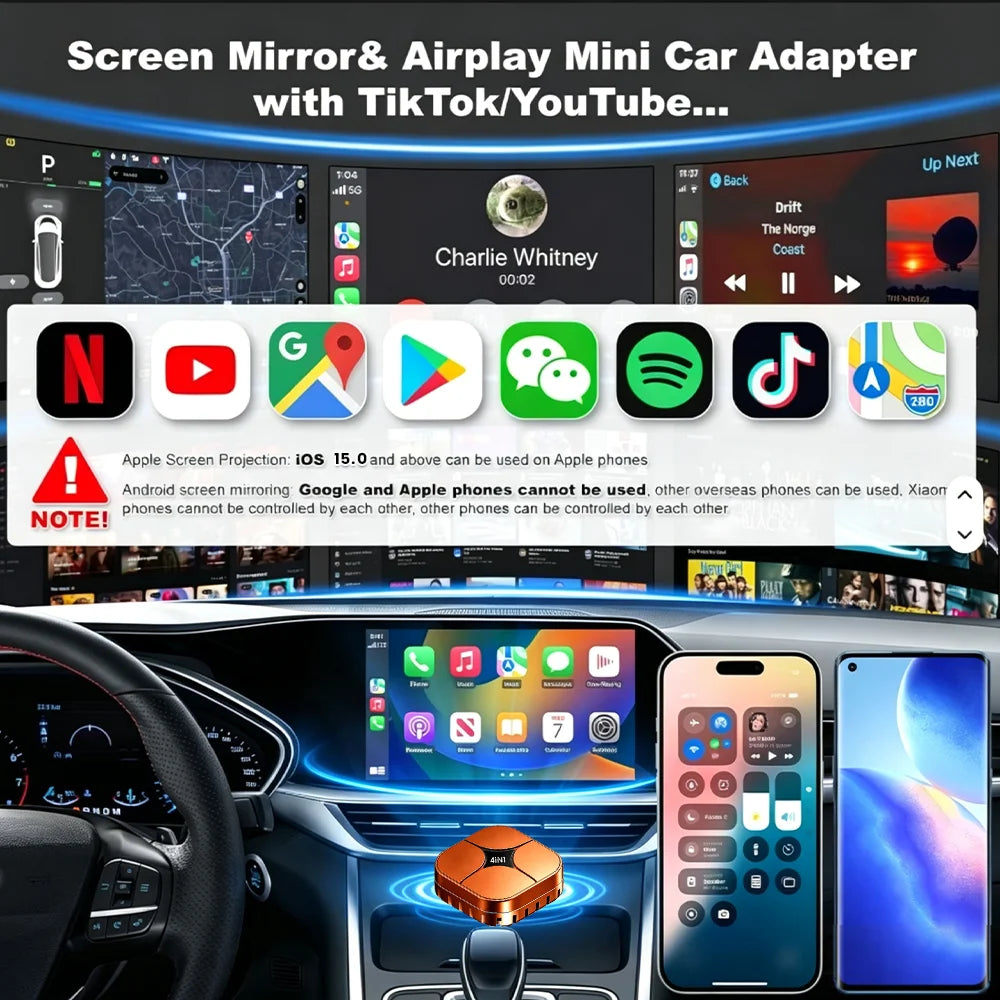 4-in-1 Dongle Wireless CarPlay Adapter for Android Auto, Mirror Link, For Ios18+ Carplay Airplay Screen Mirroring, Plug & Play