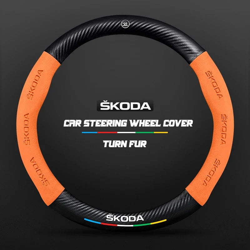 38CM suitable for Skoda Octavia Rapid Kodiaq Kamiq KAROQ carbon fiber suede car steering wheel cover accessories