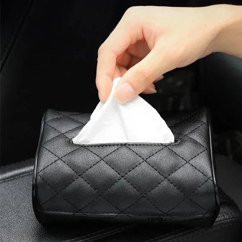 Solid Color Checkered Leather Wear-Resistant Tissue Box Car Seat Back Sunshade Hanging Tissue-Bag Buckle Strap Easy Installation