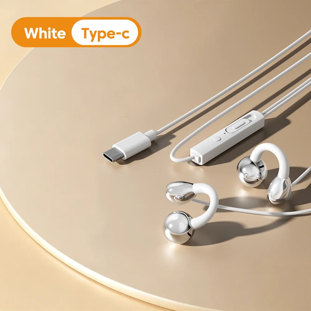 3.5MM/Type C Wired Headphones With Microphone HiFi Sound Ear Clip Wired Earphones Sports Headsets for iphone 15 16 17 Samsung