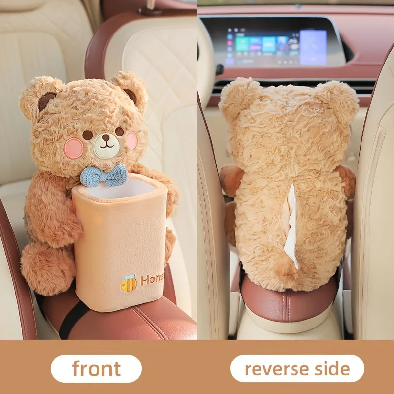 2-in-1 Cute Plush Car Tissue Holder Trash Bin Multifunctional Creative Storage Rack Armrest Storage Cute Car Accessories