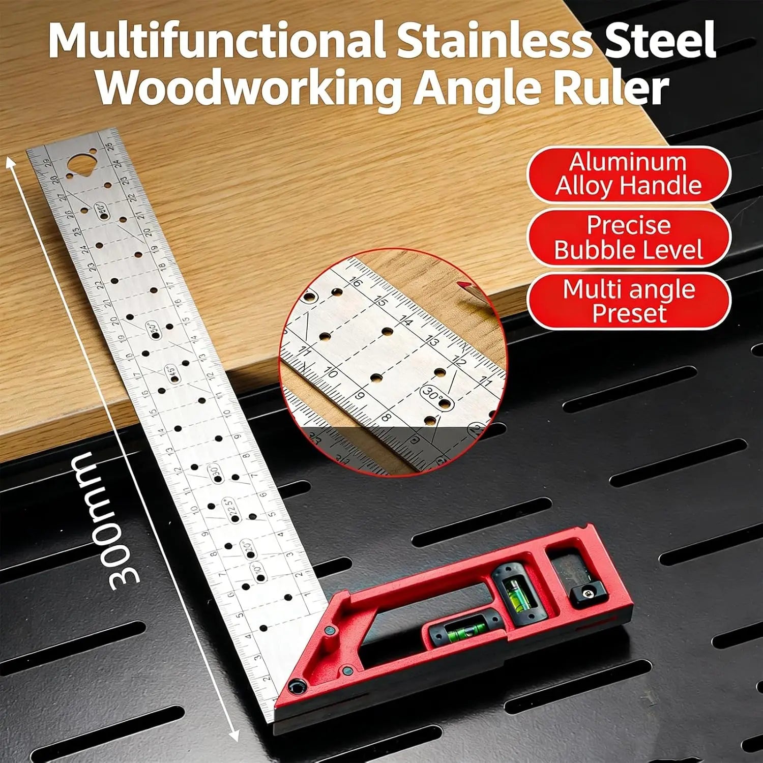 Professional Measuring Instrument with Dual Axis Level Bubble and Multiple Angled Hole Designs for Carpentry Projects