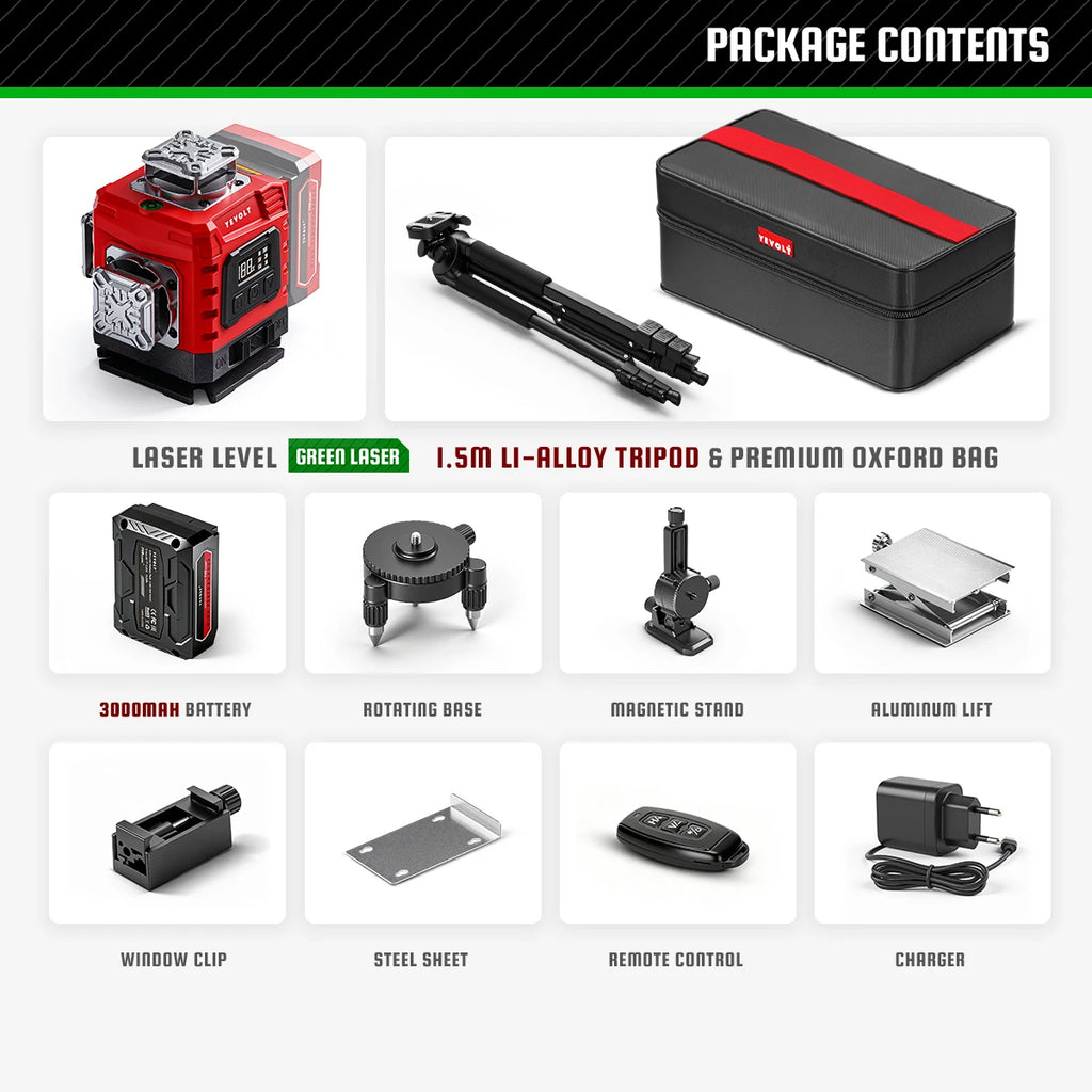 YEVOLT 16‑Line Green Laser Level 4×360° Planes Gravity Self‑Adjust Slope Function Type‑C Power Build & Tile