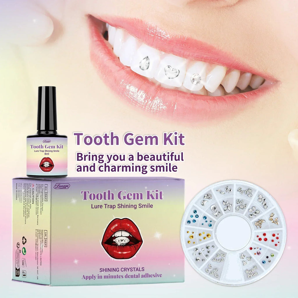Strong-Adhesive & Removable Tooth Gem Set - With Dental Glue for Secure DIY Crystal Decoration, Unisex Smile Customization.