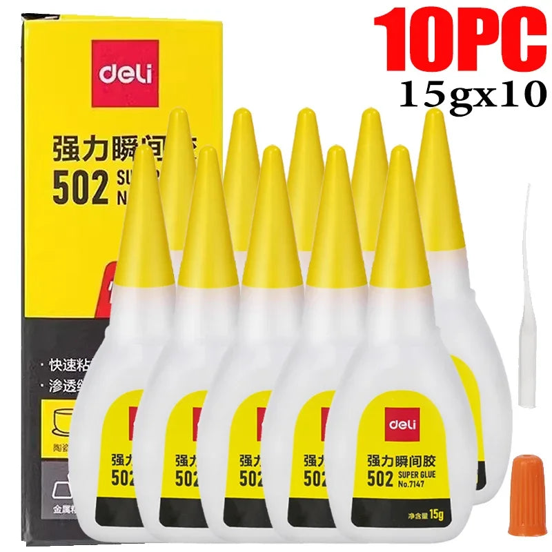 1-10Pcs Deli 502 Super Glue Instant Quick-drying Cyanoacrylate Adhesive Leather Rubber Wood Metal Strong Bond Liquid Glue Tool