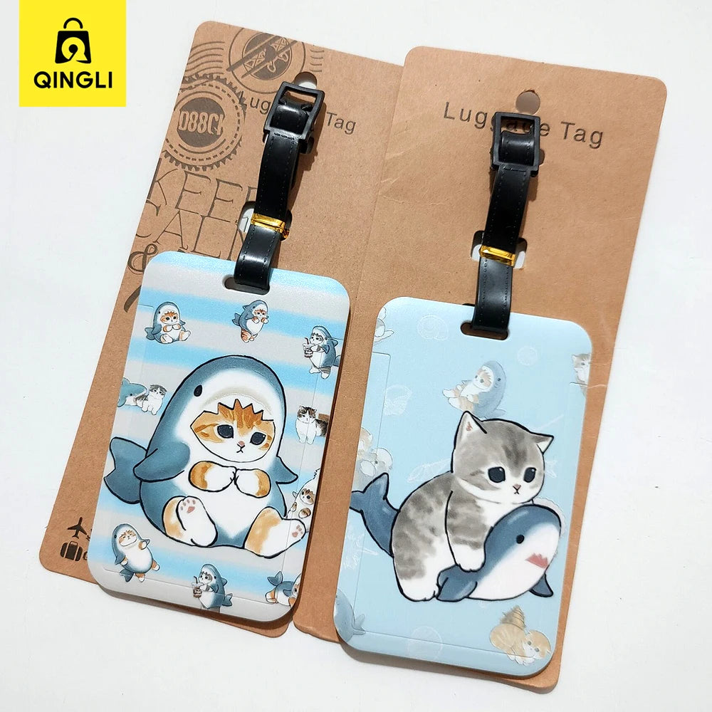 New Cute Shark Cat Luggage Tag Cartoon Anime PVC Bus Card Holder Cover Portable Travel Suitcase Label Antilost Address Card Tag