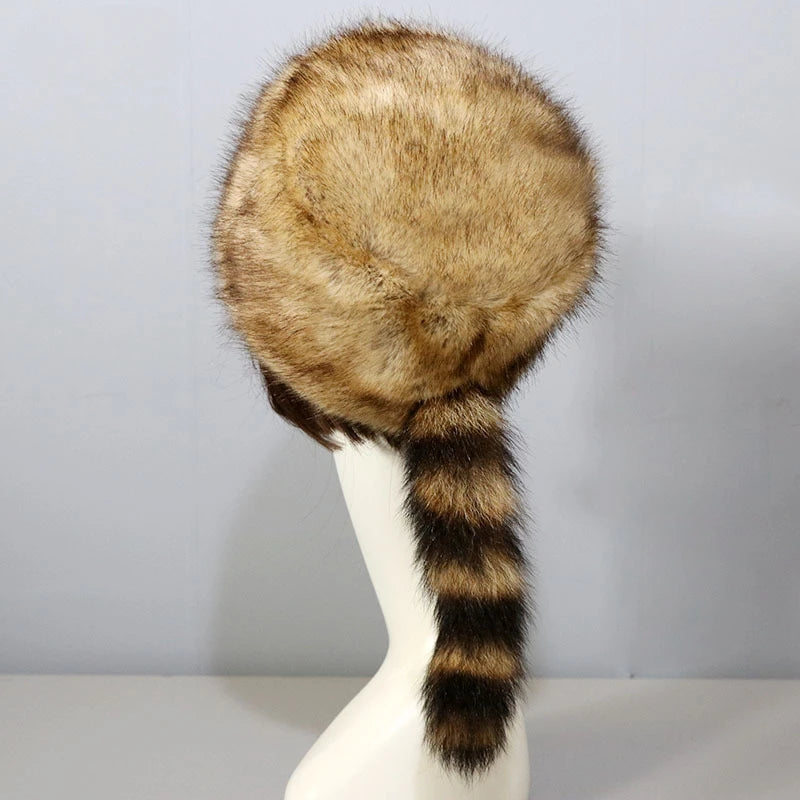 Autumn and Winter New Fashion Flat Top Russian Style Hat Warm Thicken Plush Raccoon Hat for Adult Kids Unisex Fur Hat Winter