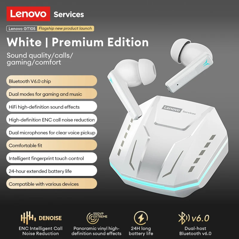 New Lenovo GT105 Wireless Bluetooth Earphone ANC Noise Reduction HiFi Music Bluetooth Headphone Gaming Fashion Bluetooth headset