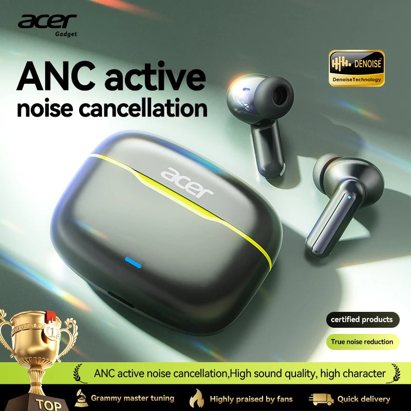 Acer In-Ear Wireless Bluetooth Headphones with Anc Active Noise Reduction, Hd Calls, Dolby Surround Sound, Large Battery, Long Battery Life, No Delay for Music and Games, Suitable for Sports, Running, and Fitness Use