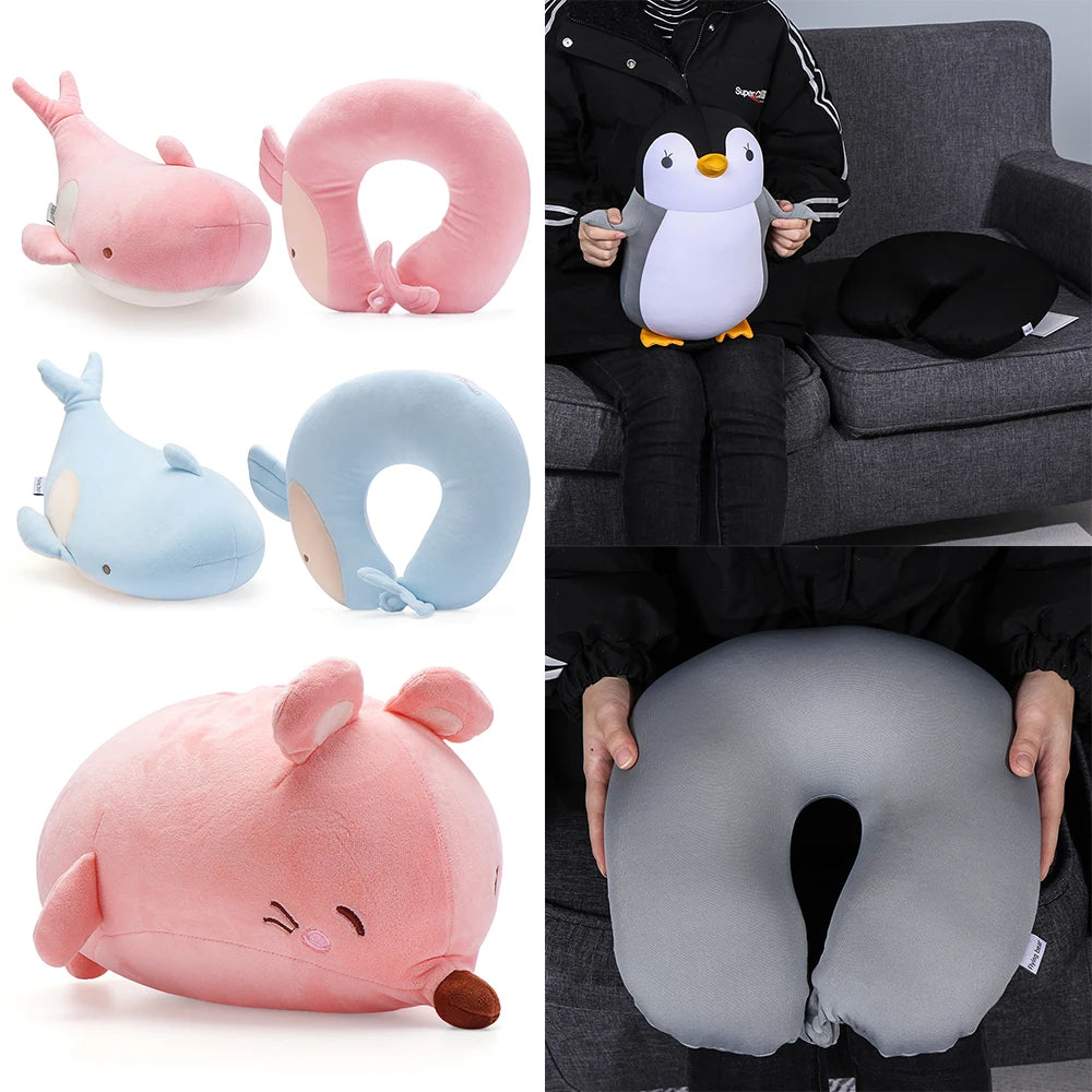 Cute Soft Bedding Multifunctional Cervical Cartoon Protection Neck U Shaped Travel Pillow Penguin Whale Fluffy Pillows