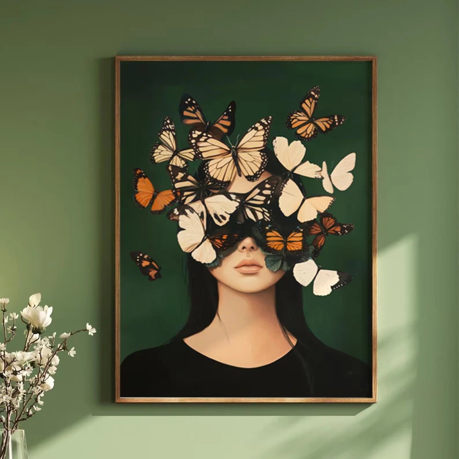 Green Abstract Figures Canvas Print with Flower Woman Minimalist Japandi Female Portrait Art Poster for Modern Living Room Decor