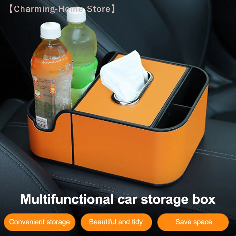 1PC Universal Car Armrest Organizer With 2 Cup Holders & Tissue Box - Back Seat Storage Box For SUV/Sedan Interior Accessories
