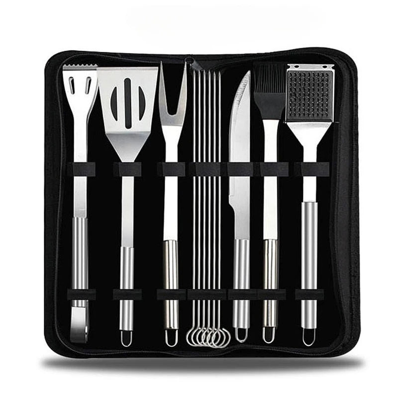 Portable BBQ Grill Tools Set Extra Thick Stainless Steel Fork, Spatula & Tongs - Injector - Complete BBQ Perfect Grill Gifts for