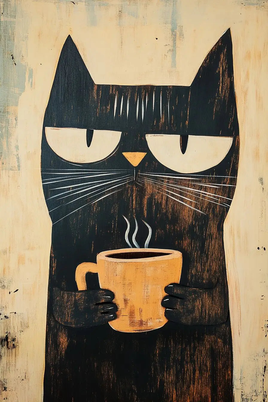 Whimsical Black Cat Drink Coffee Poster For Bedroom Nursery Cartoon Animal Canvas Painting Cute Cat Illustration Print Wall Art