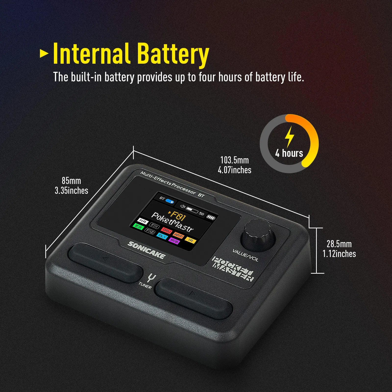 SONICAKE Pocket Master Mini Guitar Bass Amp 100+ Multi-Effects Pedal APP Control 1.77' LCD Color Screen Built-in Battery QME-10