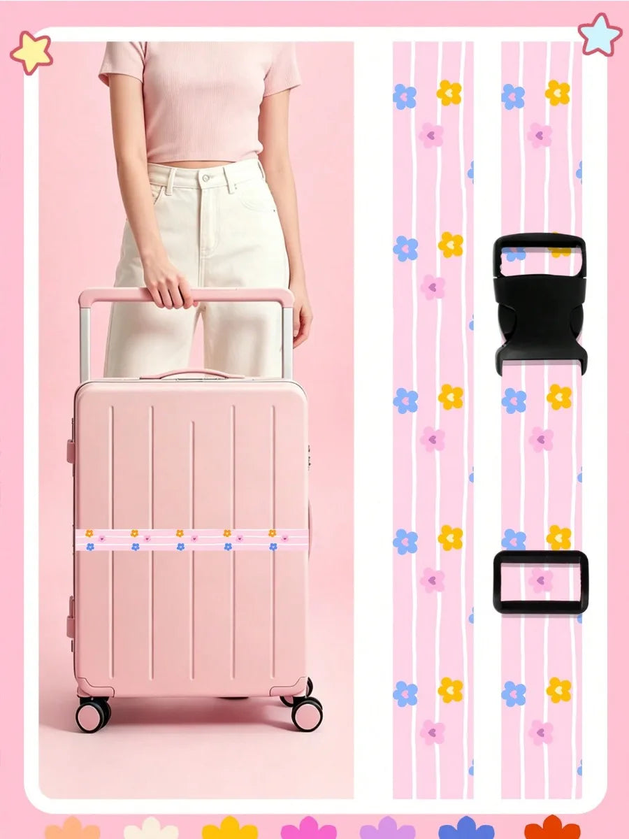 Adjustable Luggage Strap for Suitcase, Cute Print Travel Luggage Belt with Buckle, Soft Fabric Anti-loose Suitcase Binding Strap