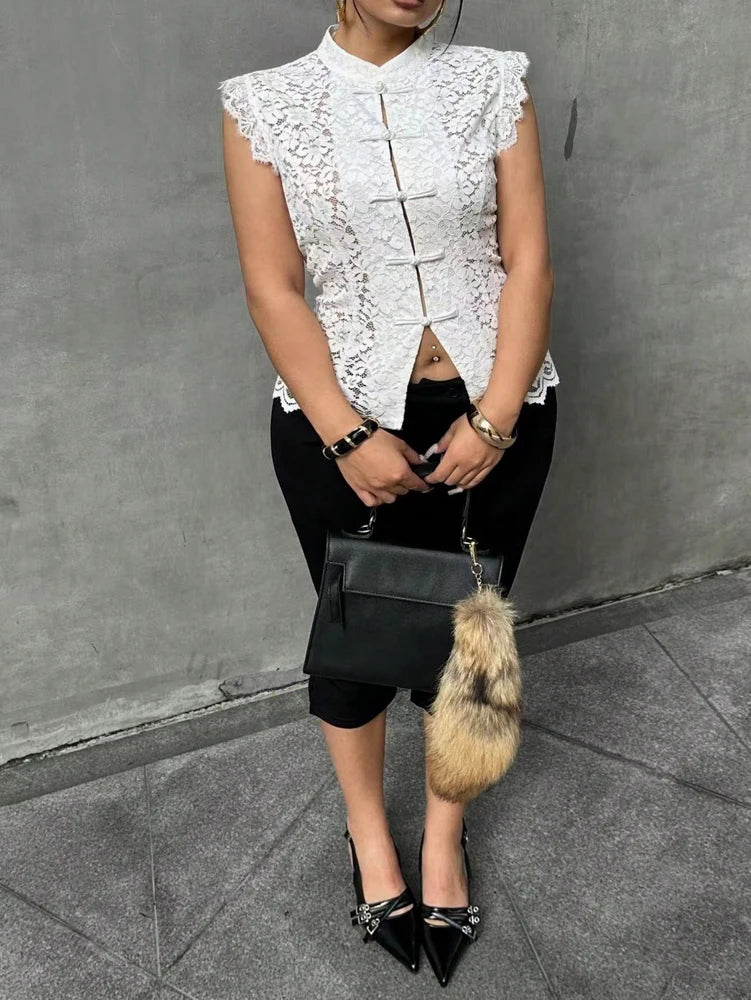 Plus Size Elegant Lace Blouse, Mandarin Collar Frog Button Sleeveless Shirt, Slim Fit Casual Vacation Top for Women
