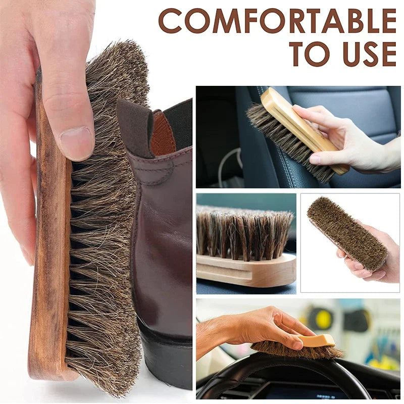 Natural Horsehair Bristles Soft Leather Shine Cleaning Brush for Cleaning Upholstery Cleaner Car Interior Wood Handle Anti Slip