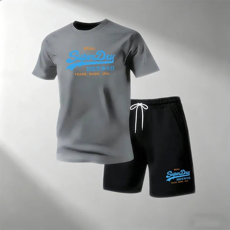 Summer Street Fitness Men's T-Shirts Sets Short Sleeve T-Shirt + Shorts Quick Dry Breathable Round Neck Running Suit Hot Sale