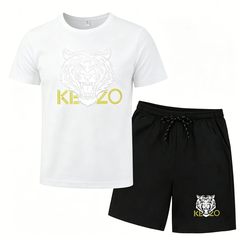 Summer new tiger head print casual suit men's short sleeved T-shirt+shorts two-piece set