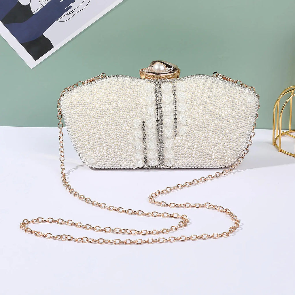 Crystal-clear rhinestone pearl clutch luxurious metal chain handbag fashionable wedding bride handbag and evening bag for wome