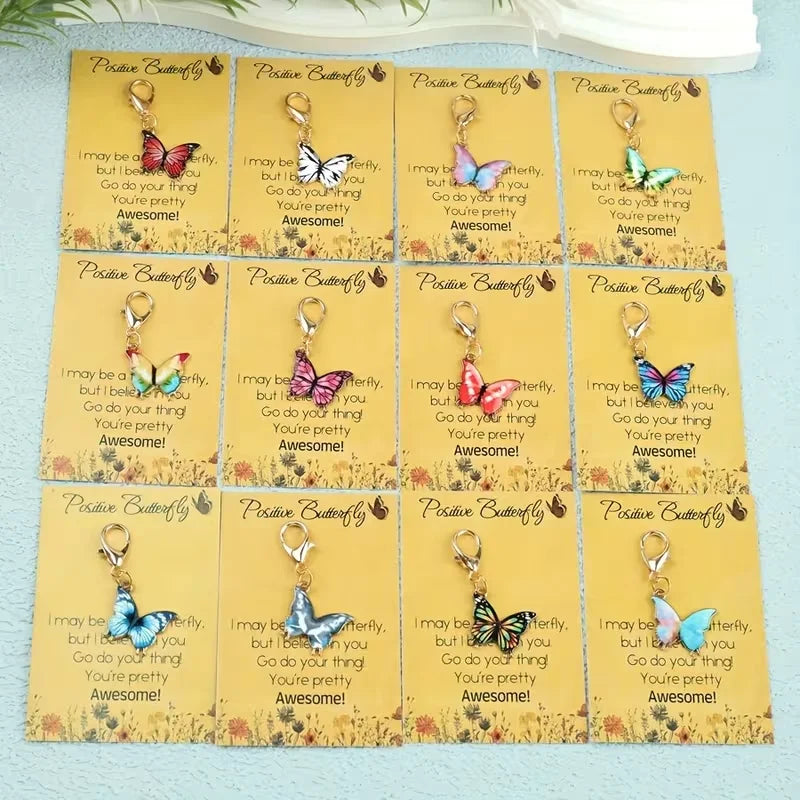 12-Piece Fashionable Cartoon Butterfly Keychain Set, Comes with a "Positive Butterfly" Greeting Card, the Charm of Animals and Flowers - Unique Creative Design, Compact and Lightweight, Ideal Gift for Family and Friends, Incl