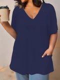 Plus Size Women's V-Neck Short Sleeve Casual T-Shirt with Front Pockets Comfortable and Stylish Top