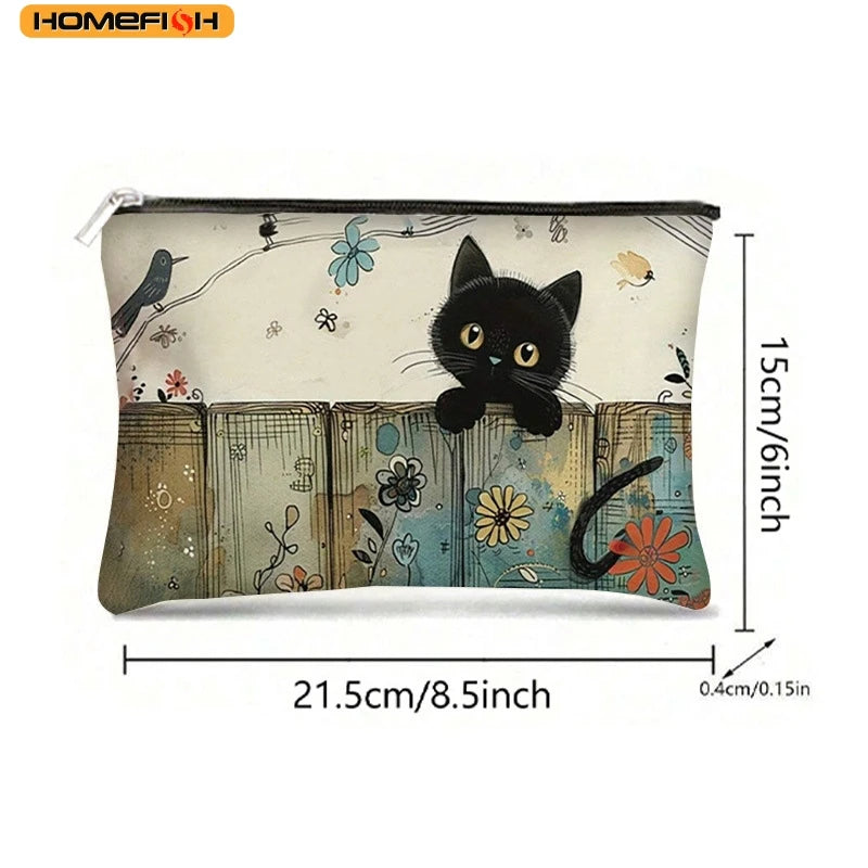 HOMEFISH Black Cat Floral Zipper Pouch - Durable, Fade-Resistant Cosmetic Bag, Gift for Sisters, Friends, Cat Lovers | Vibrant