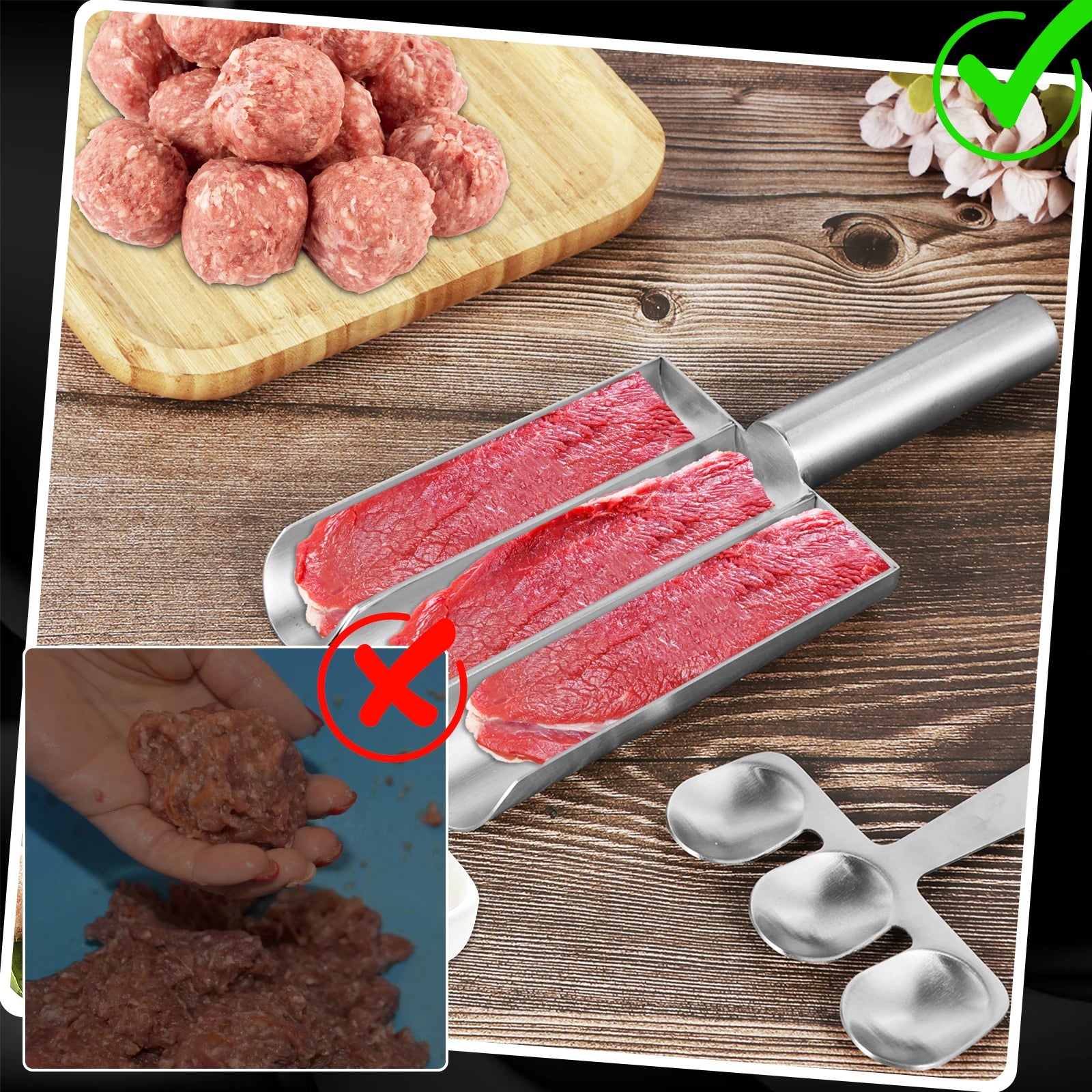 Stainless steel meatball spoon fish ball shrimp slip mold triple meatball machine creative meatball making tool kitchen cooking