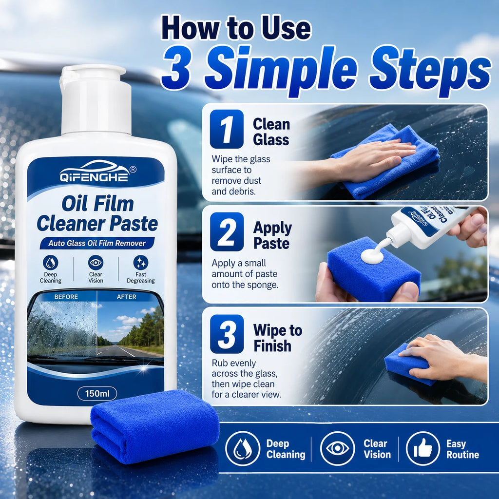 Car Windshield Oil Film Cleaner Paste 150ml QIFENGHE Auto Glass Oil Film Remover Deep Degreasing Clear View with Cleaning Towel