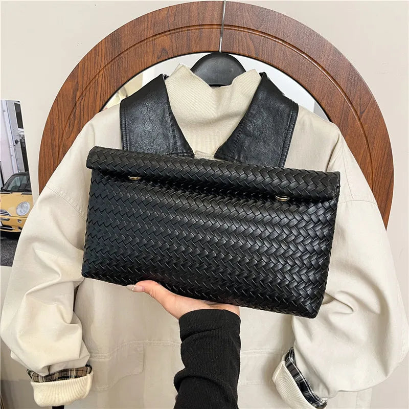 Braided Texture Fashion Retro Solid Color Clutch Bag PU with Lightweight Magnetic Closure Water Resistant for Daily Use